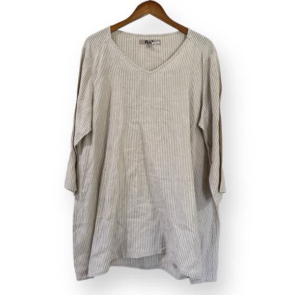 Flax Tunic Top Large Beige Stripe 100% Linen Lagenlook Minimalist Oversized Boho - Picture 2 of 11